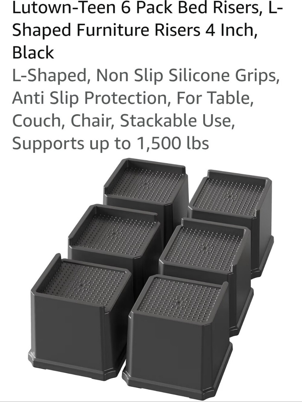 Black Furniture Bed Risers 6-Pack - 4 Inch